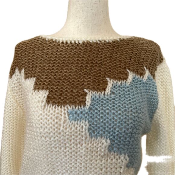 Vintage 80s Sharon Sports Knit Sweater S Acrylic Colorblock White Brown Blue - Picture 2 of 9